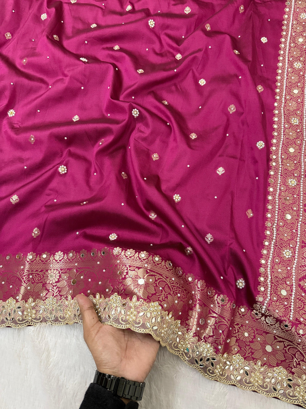 Presenting Timeless Banarasi Semi Katan Soft Silk Lace work Saree