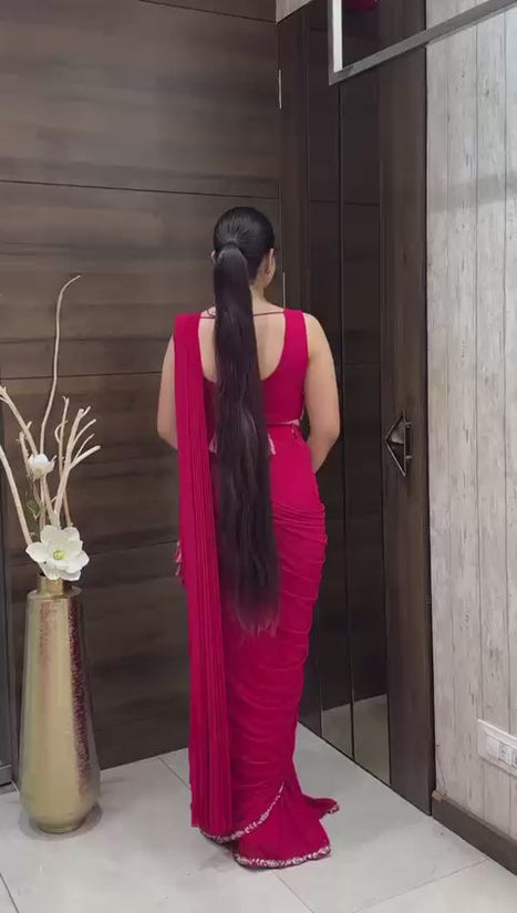 Elegant Pink Heavy Rangoli Embroidered Ready-to-Wear Saree for Weddings & Parties