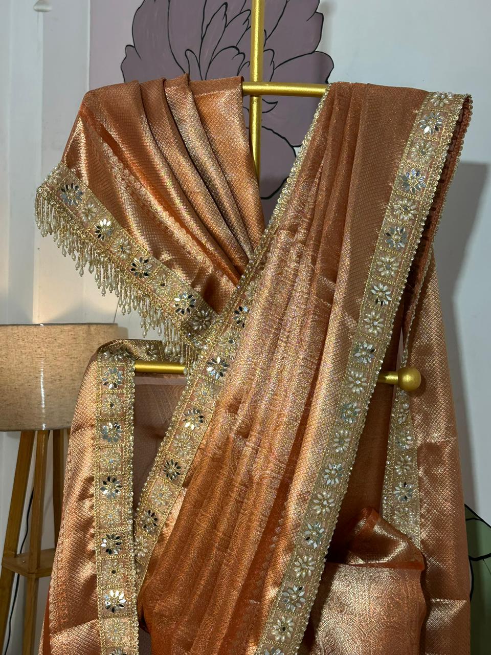 Rust Orange Bridal Kanjeevaram Brocade Tissue Saree with Designer Pearl and Mirror Lace Work Jhalar Lace on Pallu