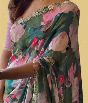 Fancy  Chinnon Silk Saree with floral print