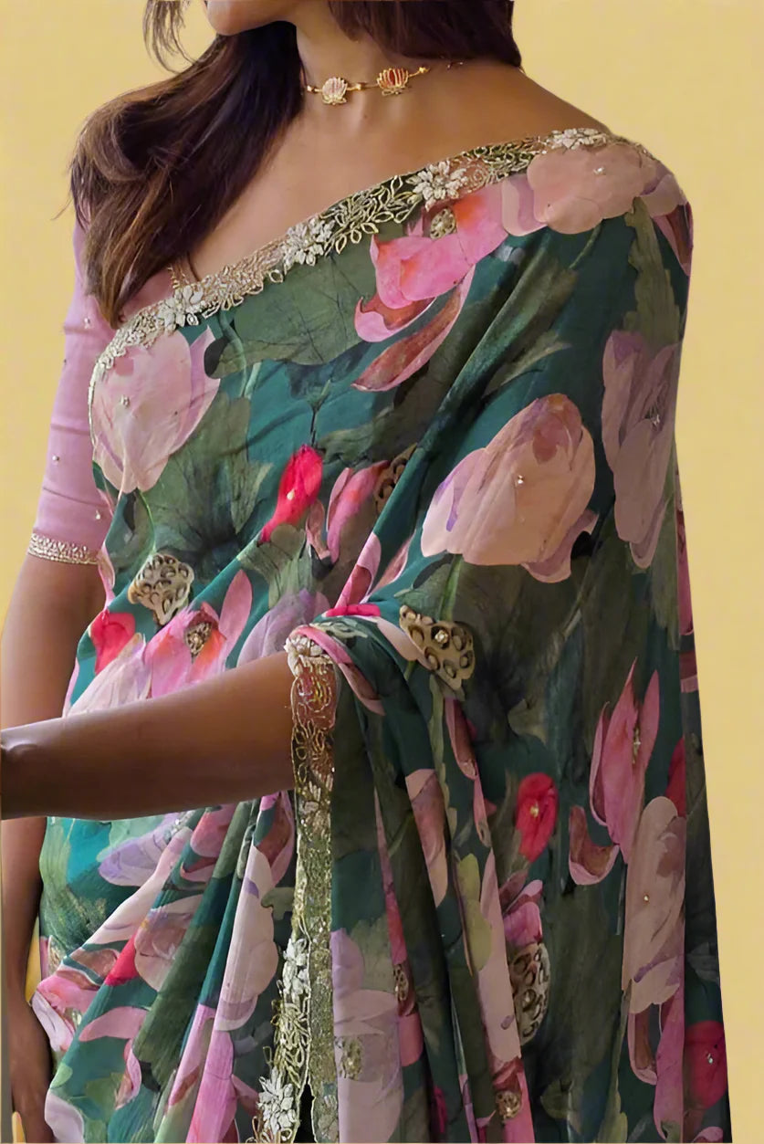 Fancy  Chinnon Silk Saree with floral print