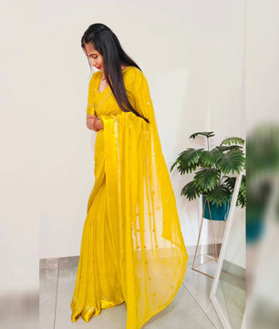 Premium Satin Patta Pure Viscose Georgette Saree with Sequins Butti & Designer Contrast Blouse