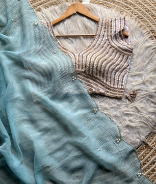 Crush Slik Sari With Stiched Blouse Fully Handwork Include Pearl