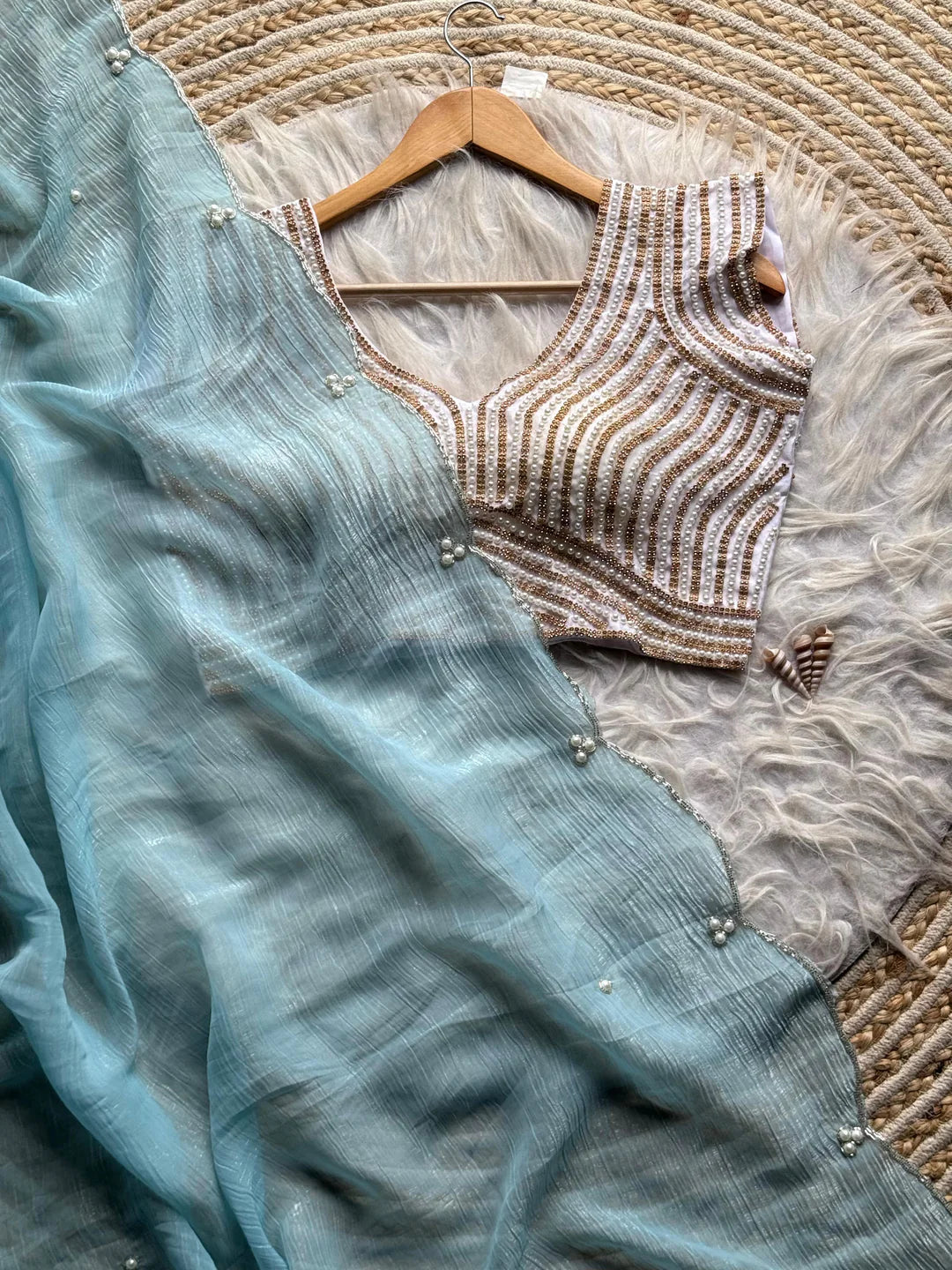 Crush Slik Sari With Stiched Blouse Fully Handwork Include Pearl