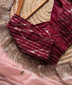 Tissue Silk Sari In Light Peach With Stiched Blouse