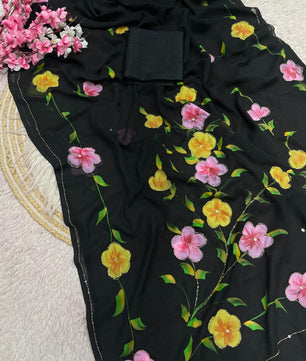 Beautiful brush print in whole saree with cut dena work