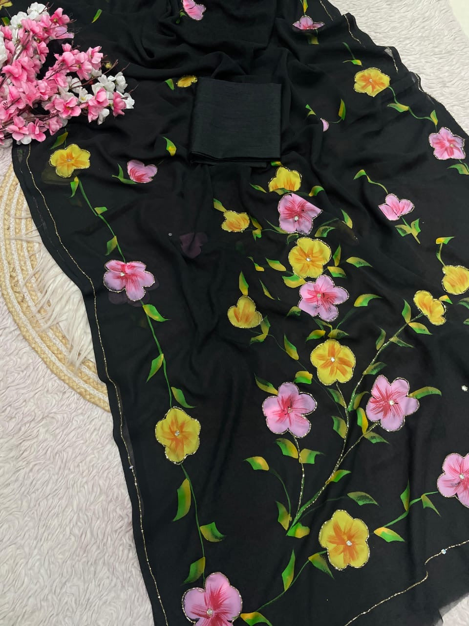 Beautiful brush print in whole saree with cut dena work