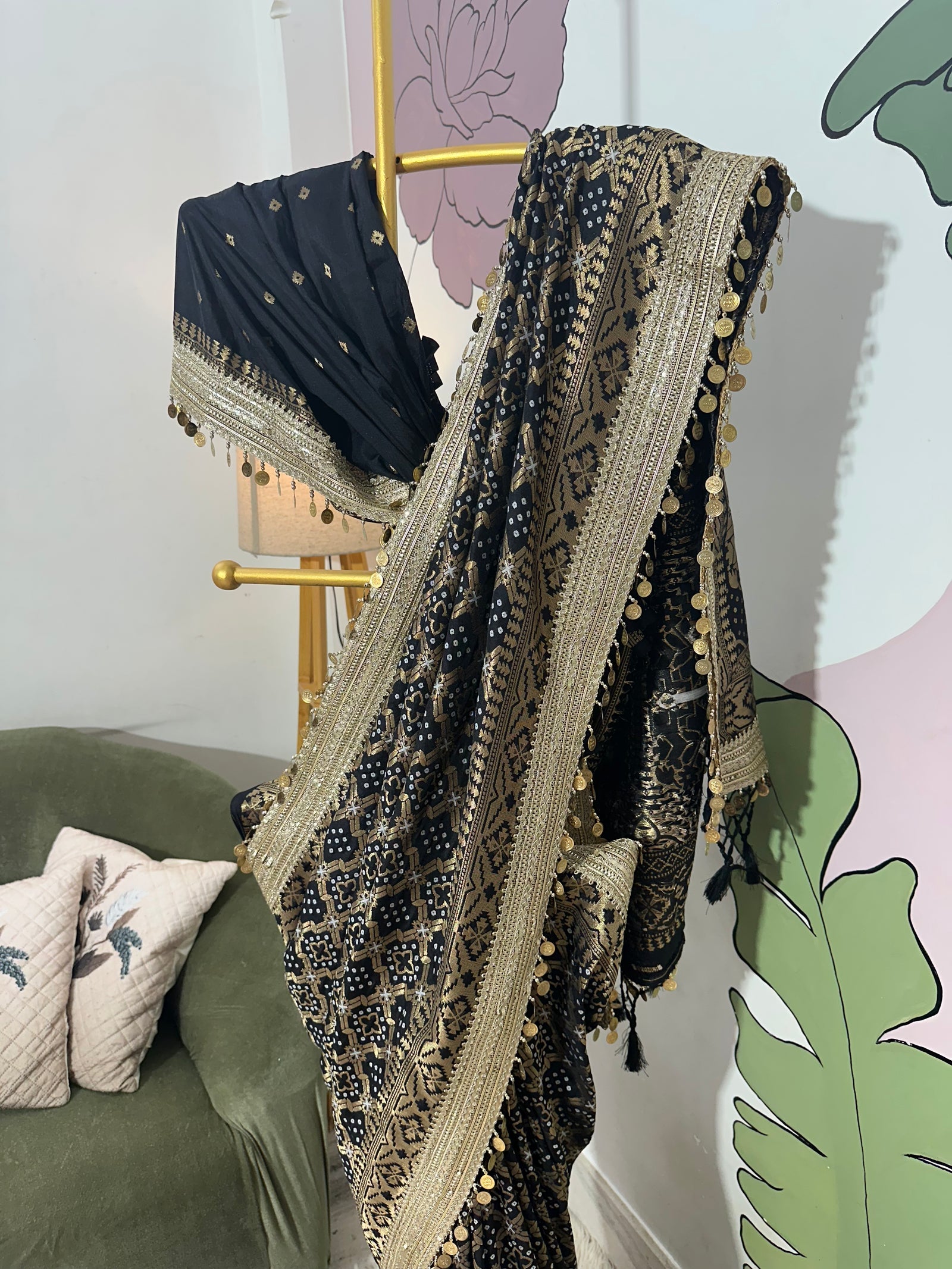 Black Designer Georgette Katan Silk Saree with Gota Patti and Coin lace