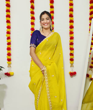 Chinnon silk Saree with Embroidery & Scalloped Border