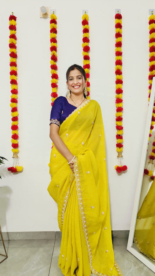 Chinnon silk Saree with Embroidery & Scalloped Border