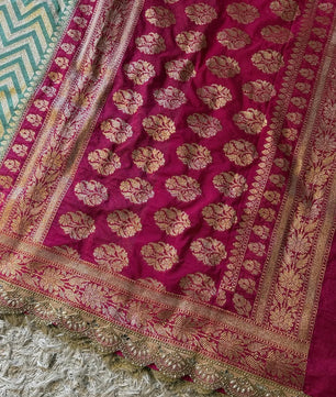 Katan Georgette Silk Saree with Scallop lace handwork, 
Latkan handwork pallu