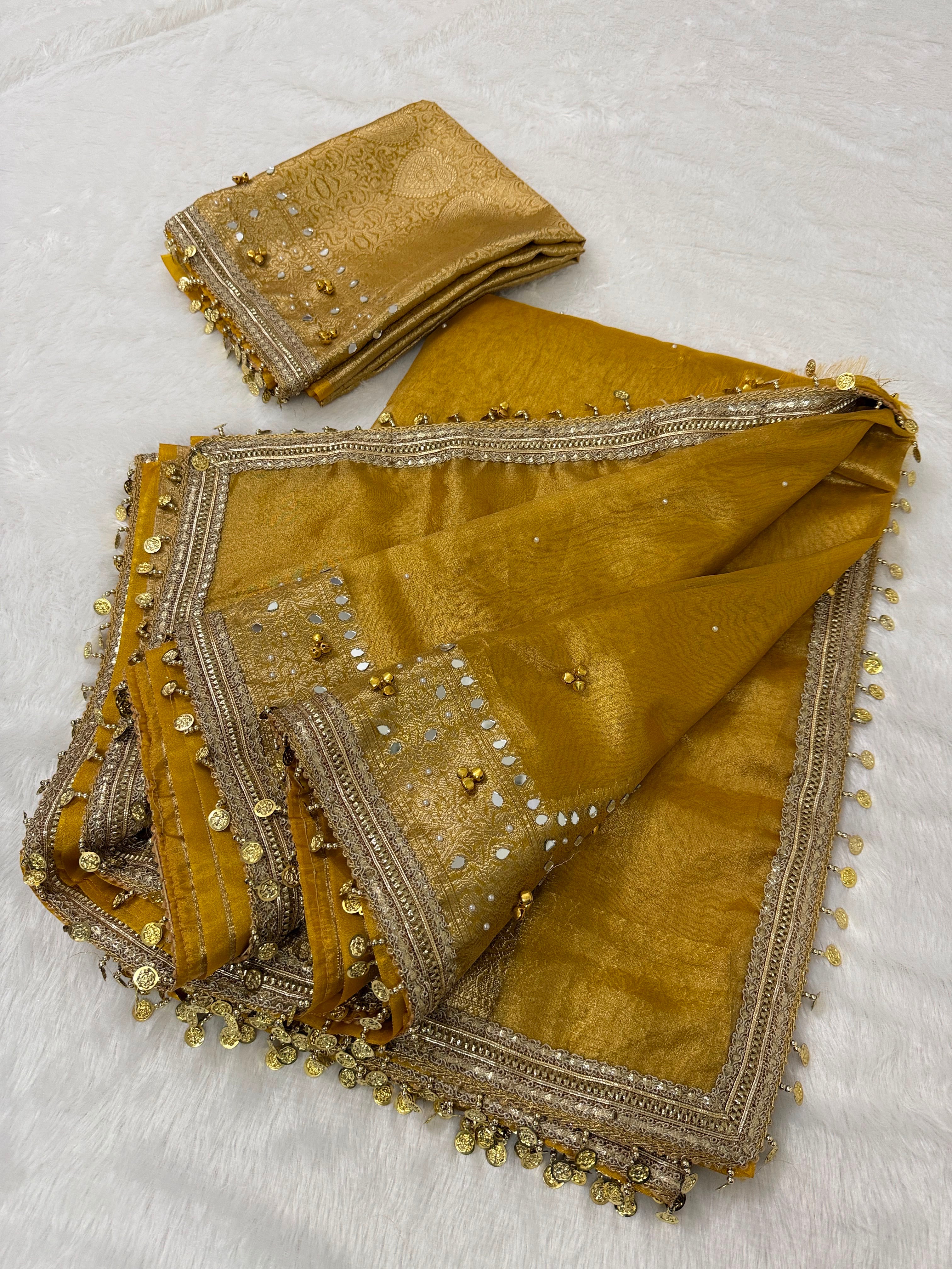 Banarasi Tissue Zari Weaving Border Saree x Ghungroo Handwork x Mirror & Beads Handwork