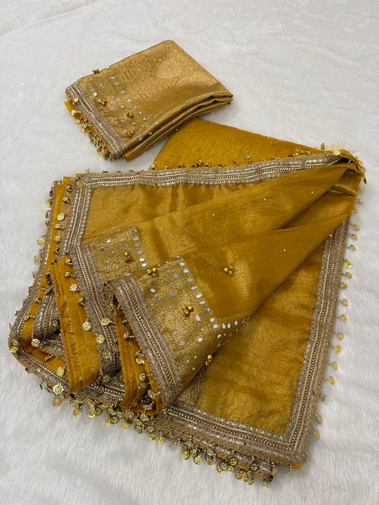 Banarasi Tissue Zari Weaving Border Saree x Ghungroo Handwork x Mirror & Beads Handwork