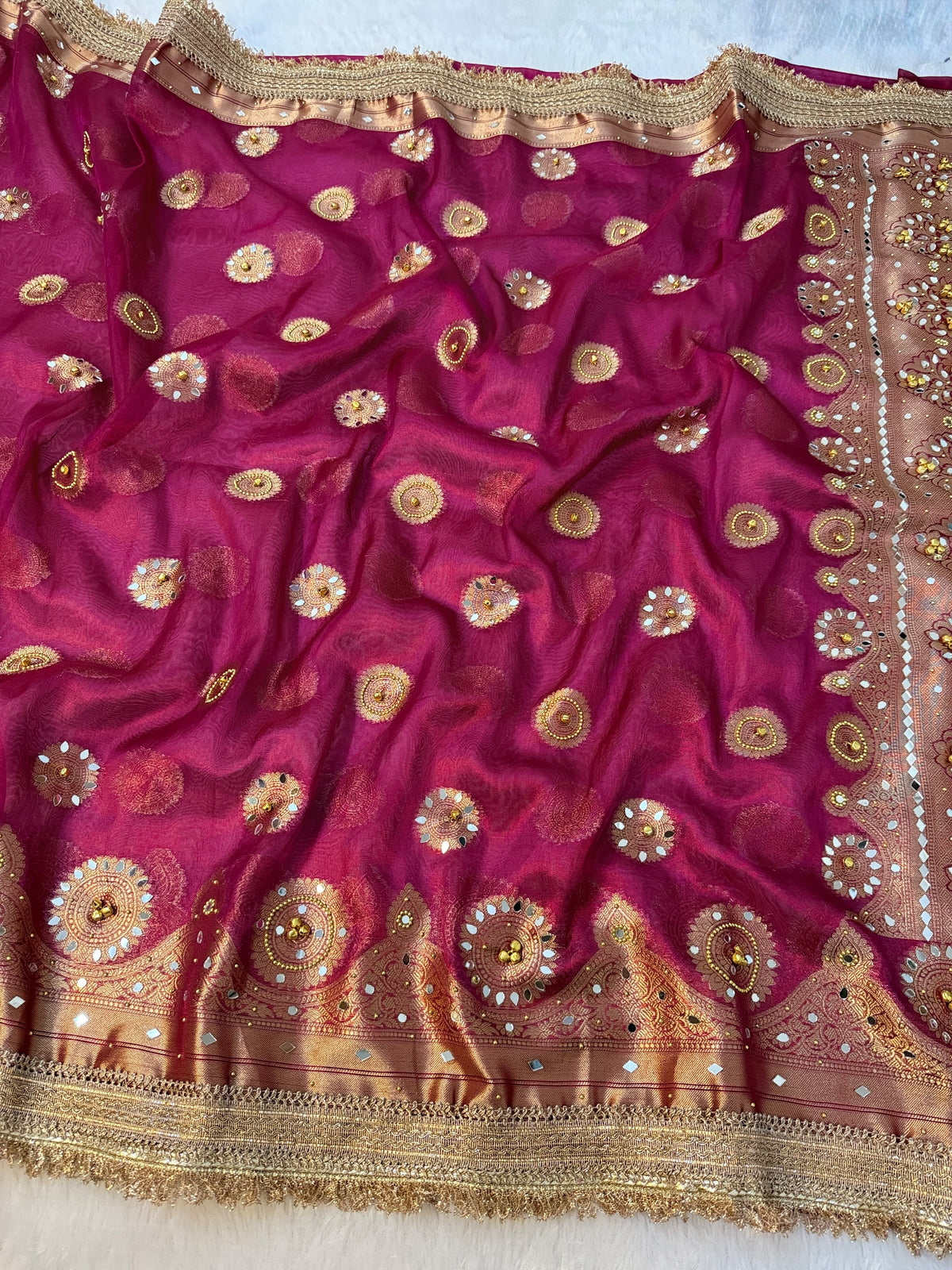 Metallic Banarasi Soft Glass Tissue Saree x Ghungroo Handwork x Lacework x Mirror & Moti Handwork