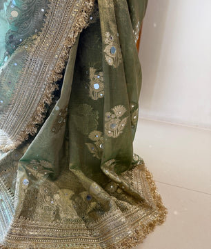 Masterpiece Glass Tissue Banarasi *Handwork* Mirror Work , Maharani Lace Work Saree