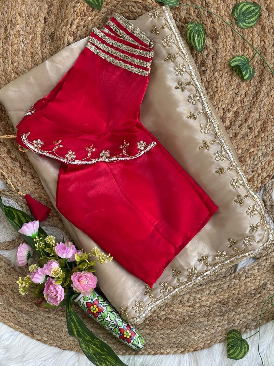 Very Soft nd Elegant Rich look Rimzim Silk fabric with beautiful hand work khatli cutdana heavy border