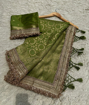 Mehndi Green Designer Georgette Katan Silk Saree with Gota Patti