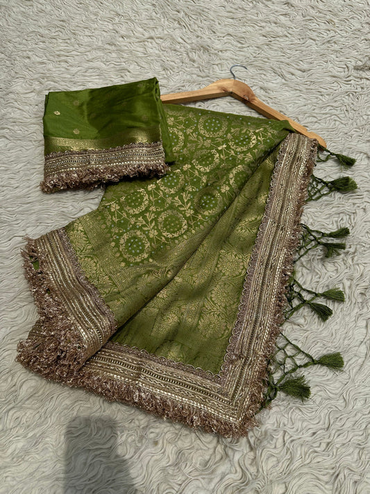 Mehndi Green Designer Georgette Katan Silk Saree with Gota Patti