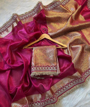 Banarasi Tissue Silk Saree with Velvet & Uljhi Lace Work Border