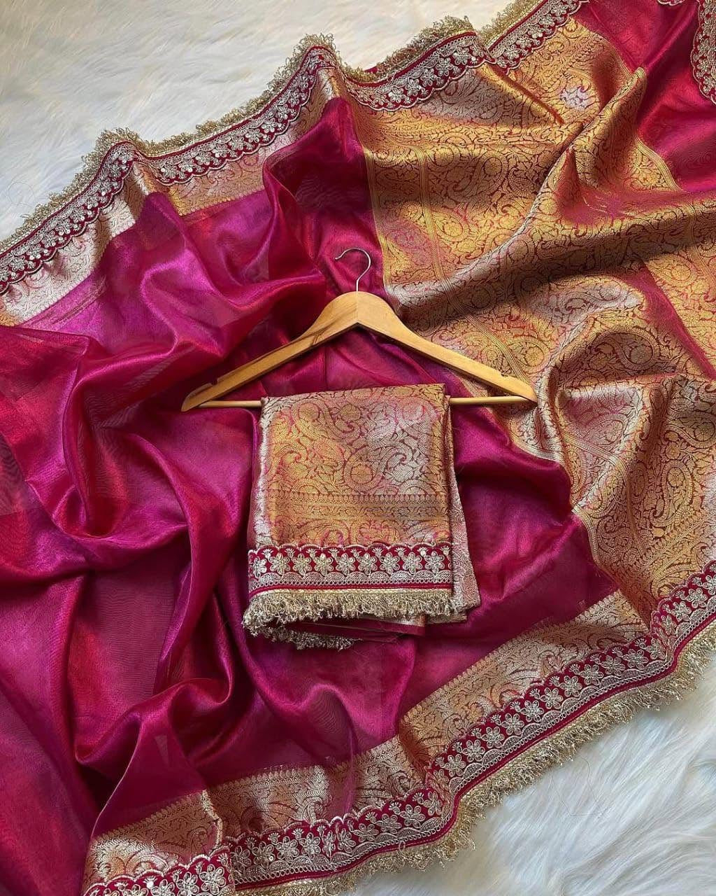 Banarasi Tissue Silk Saree with Velvet & Uljhi Lace Work Border