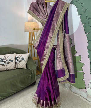 Purple Bridal Tissue Saree with Designer Pearl and Mirror Lace Work Jhalar Lace on Pallu
