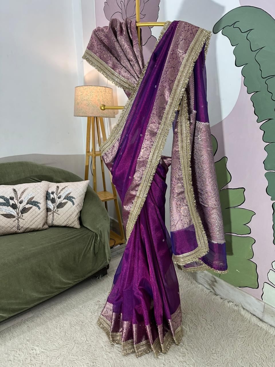 Purple Bridal Tissue Saree with Designer Pearl and Mirror Lace Work Jhalar Lace on Pallu