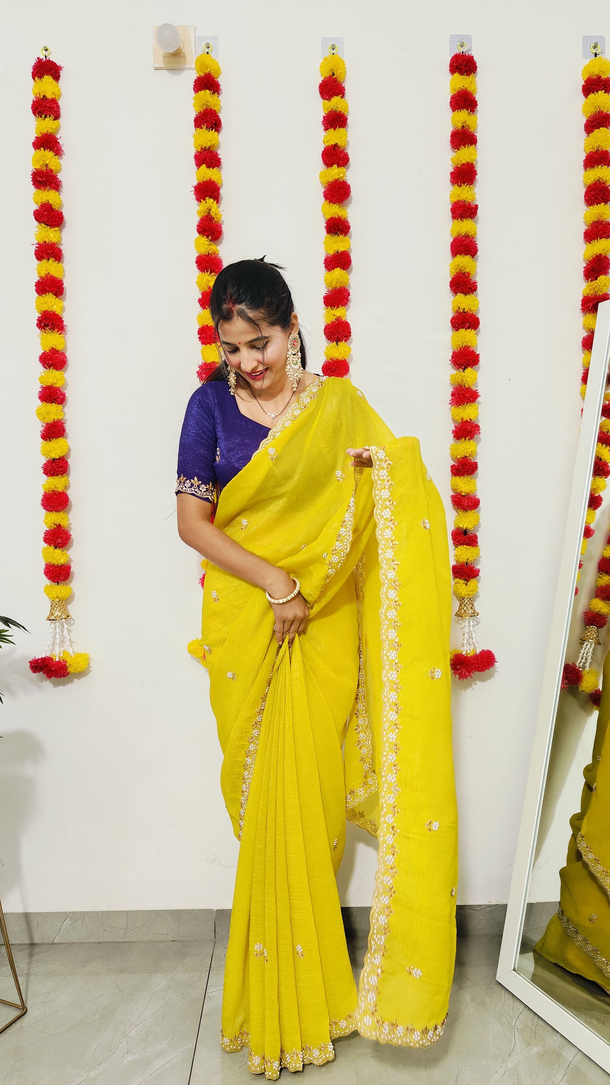 Chinnon silk Saree with Embroidery & Scalloped Border