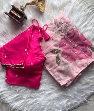 Tabby Silk Rose Print Peachy Pink Sari