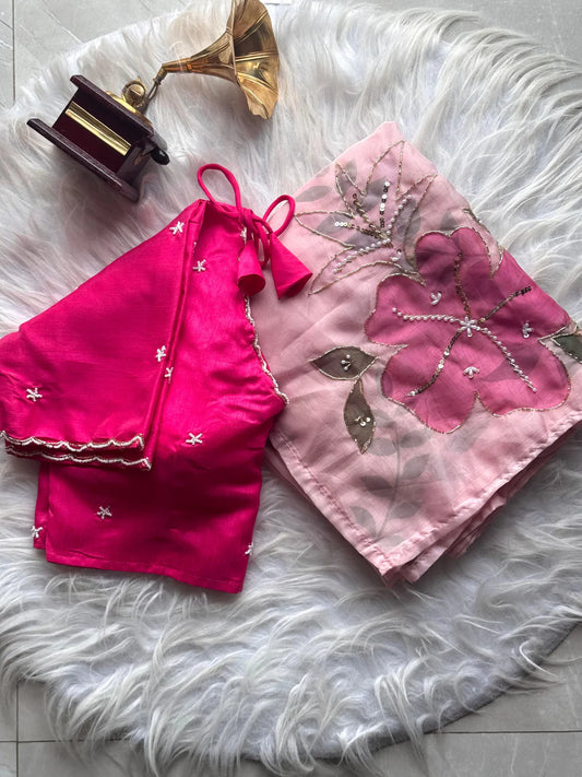 Tabby Silk Rose Print Peachy Pink Sari