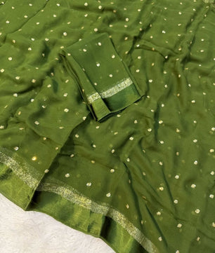 Premium Satin Patta Pure Viscose Georgette Saree with Sequins Butti & Designer Contrast Blouse