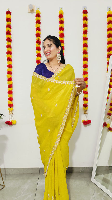 Chinnon silk Saree with Embroidery & Scalloped Border