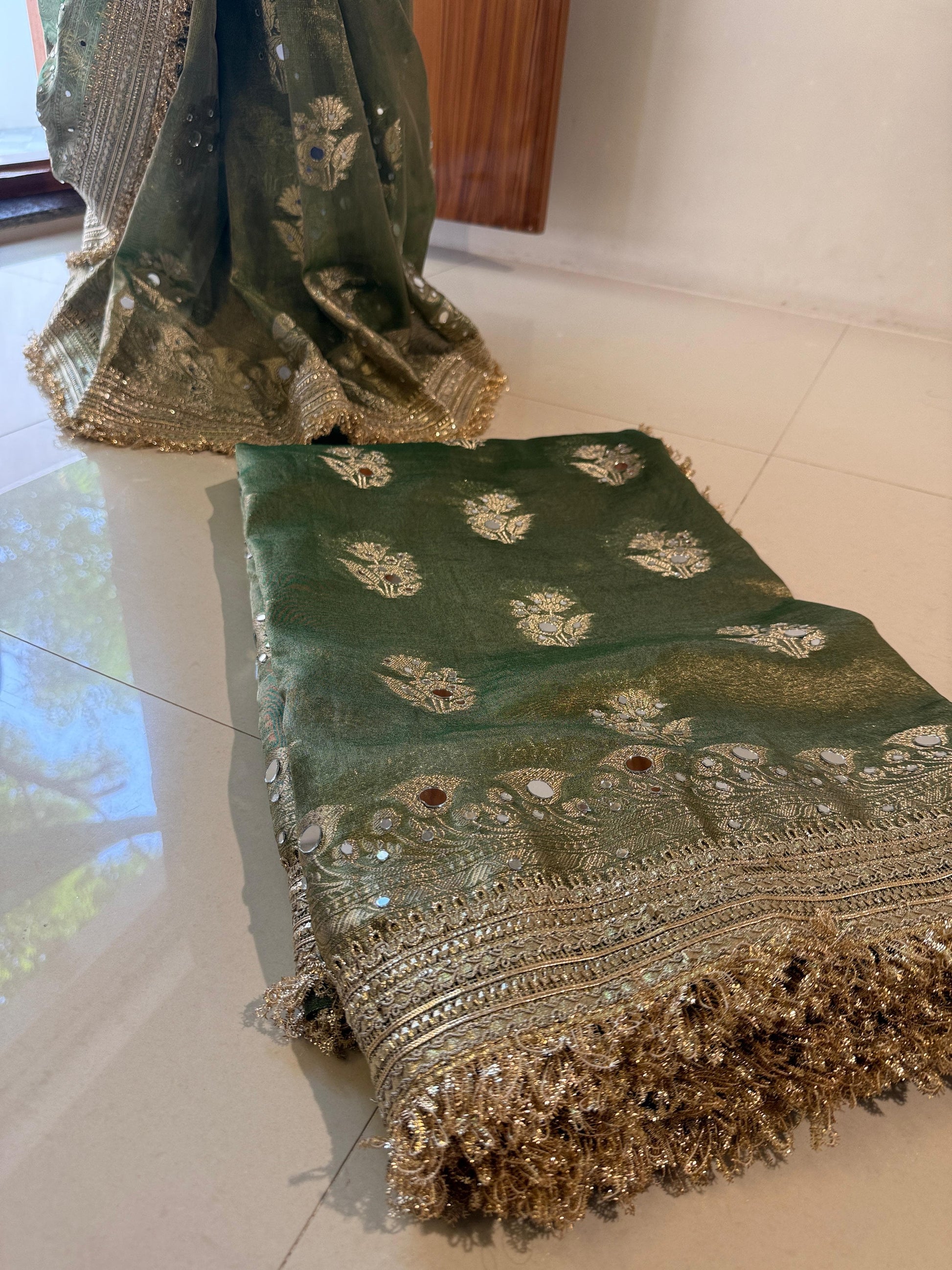 Masterpiece Glass Tissue Banarasi *Handwork* Mirror Work , Maharani Lace Work Saree