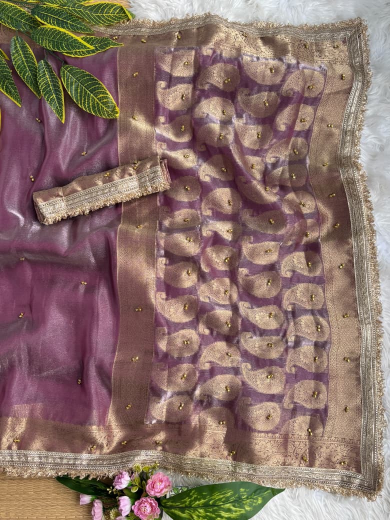 Pure Soft Banarasi Sartin Silk Weaving Saree With Gungroo in All over Saree With Fancy Lace Border