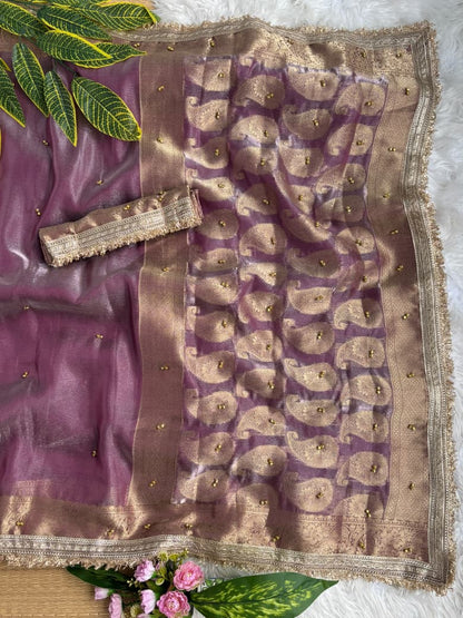Pure Soft Banarasi Sartin Silk Weaving Saree With Gungroo in All over Saree With Fancy Lace Border