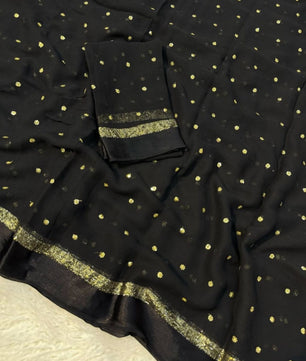 Premium Satin Patta Pure Viscose Georgette Saree with Sequins Butti & Designer Contrast Blouse