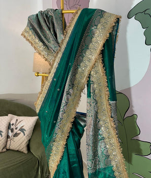 Designer Banarasi Tissue Saree with Pearl Work on All Over Body with Intricate Border and Pallu Design Along with Gotta Patti Lace Work