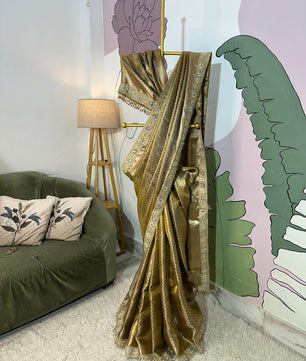 Bridal Kanjeevaram Brocade Tissue Saree with Designer Pearl and Mirror Lace Work Jhalar Lace on Pallu