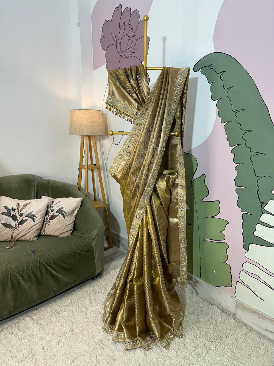 Bridal Kanjeevaram Brocade Tissue Saree with Designer Pearl and Mirror Lace Work Jhalar Lace on Pallu