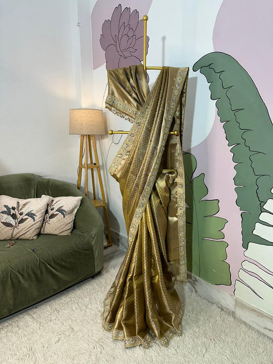 Bridal Kanjeevaram Brocade Tissue Saree with Designer Pearl and Mirror Lace Work Jhalar Lace on Pallu