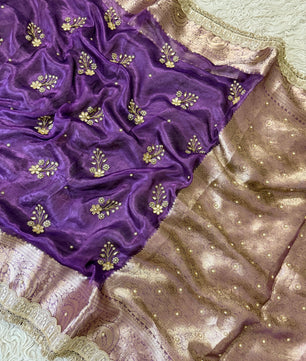 100%Pure Banarasi Tissue Saree with Hand Work on all over Body with Intricate Border and Pallu Design Along with Gotta Patti Lace Work