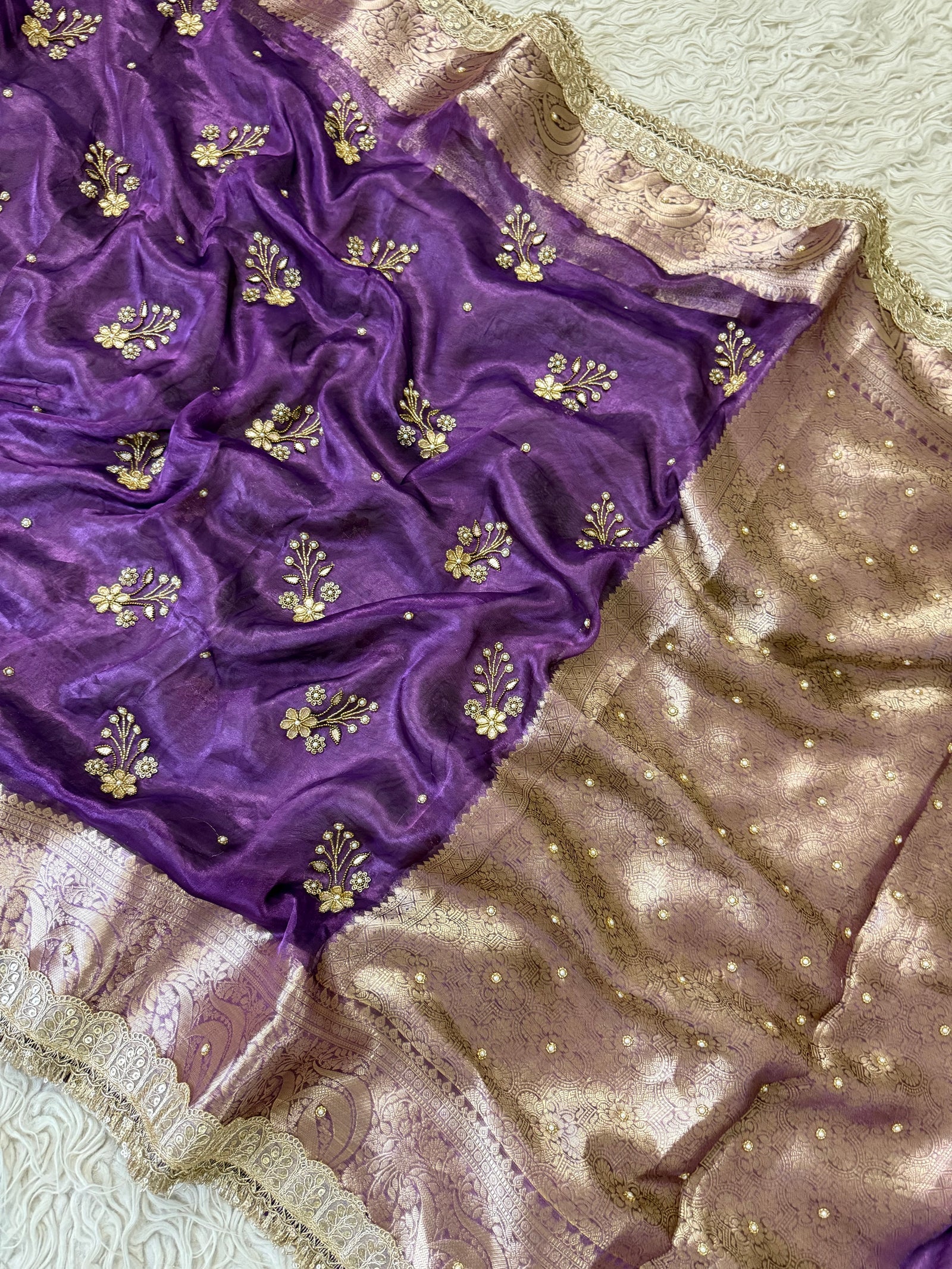 100%Pure Banarasi Tissue Saree with Hand Work on all over Body with Intricate Border and Pallu Design Along with Gotta Patti Lace Work
