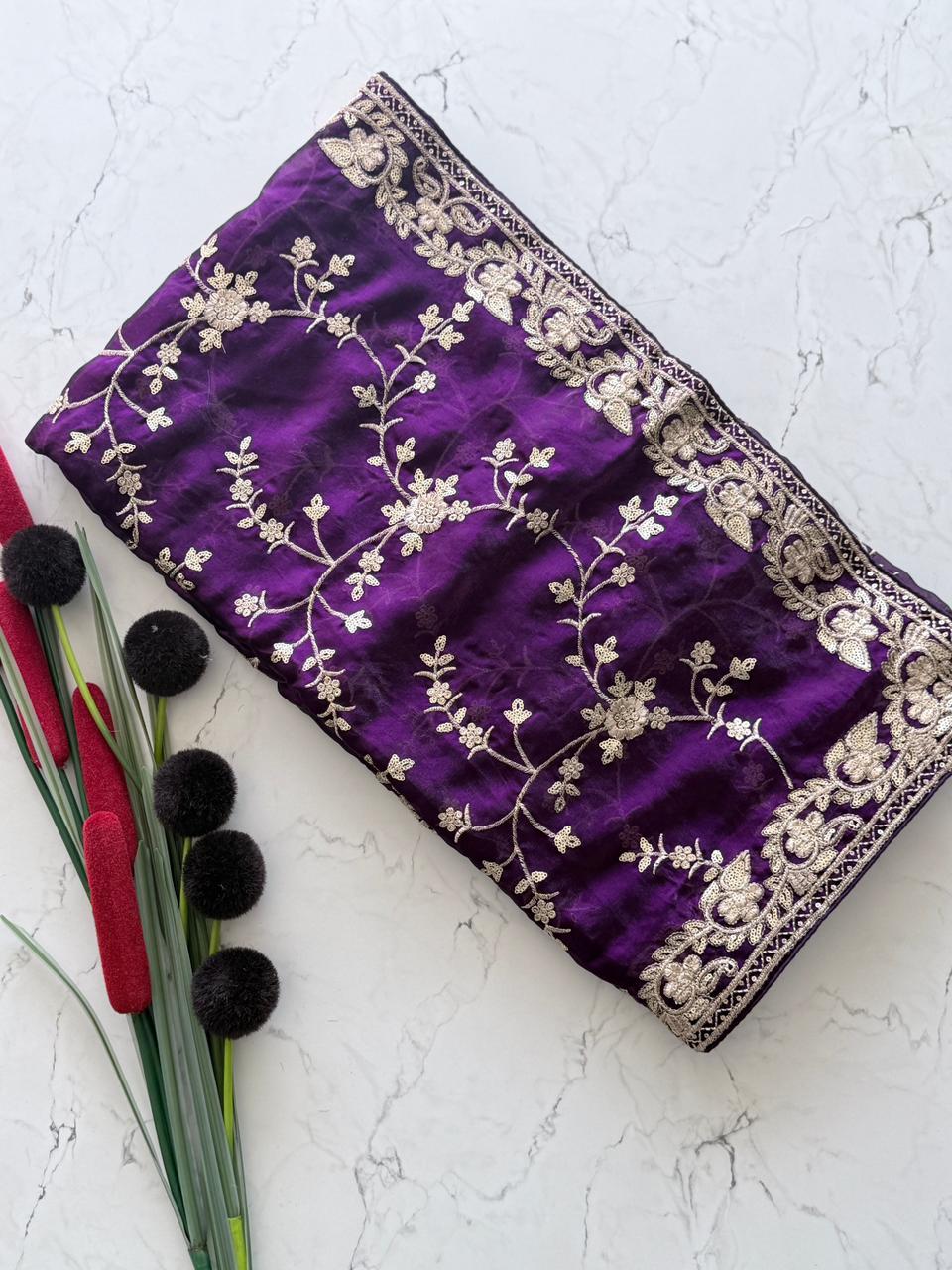 Primium Pure Fendi Satin Saree With Mutly Thread and Sequence Work