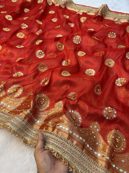 Metallic Banarasi Soft Glass Tissue Saree x Ghungroo Handwork x Lacework x Mirror & Moti Handwork