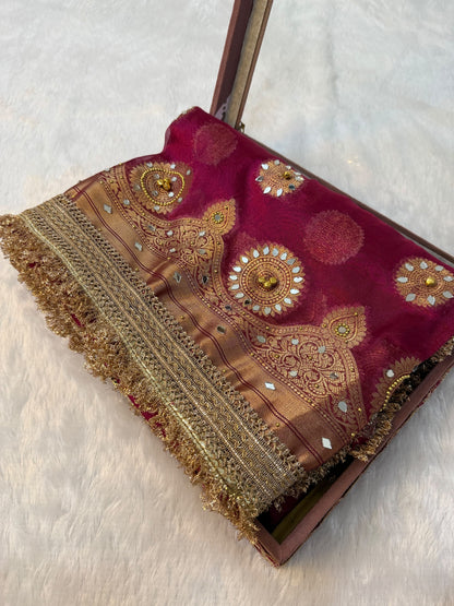 Metallic Banarasi Soft Glass Tissue Saree x Ghungroo Handwork x Lacework x Mirror & Moti Handwork