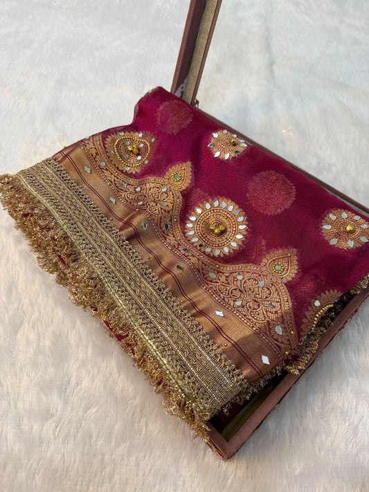 Metallic Banarasi Soft Glass Tissue Saree x Ghungroo Handwork x Lacework x Mirror & Moti Handwork