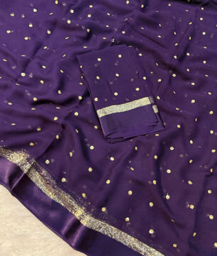 Premium Satin Patta Pure Viscose Georgette Saree with Sequins Butti & Designer Contrast Blouse