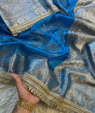 Bridal Tissue Saree with Designer Pearl and Mirror Lace Work Jhalar Lace on Pallu