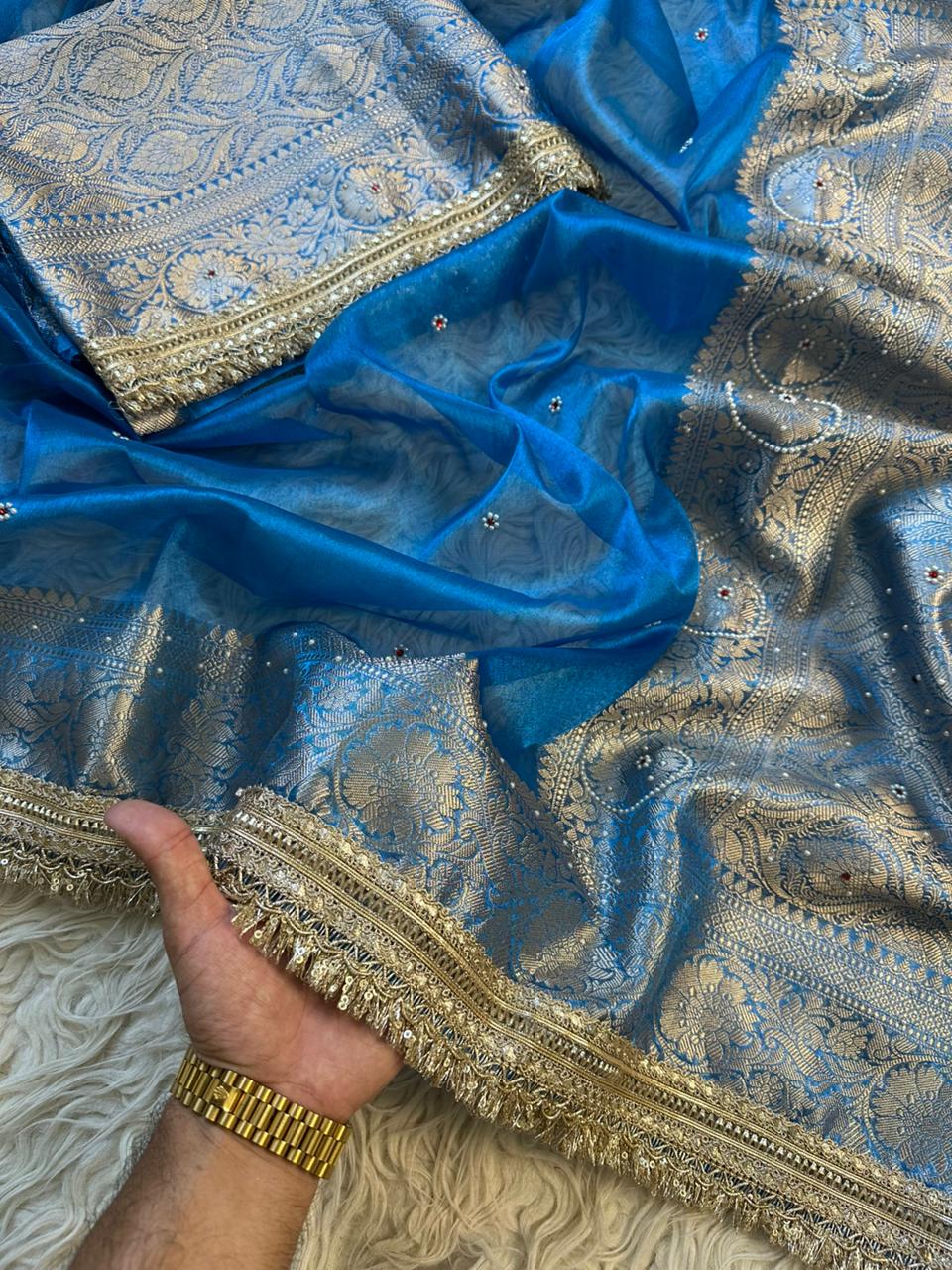 Bridal Tissue Saree with Designer Pearl and Mirror Lace Work Jhalar Lace on Pallu