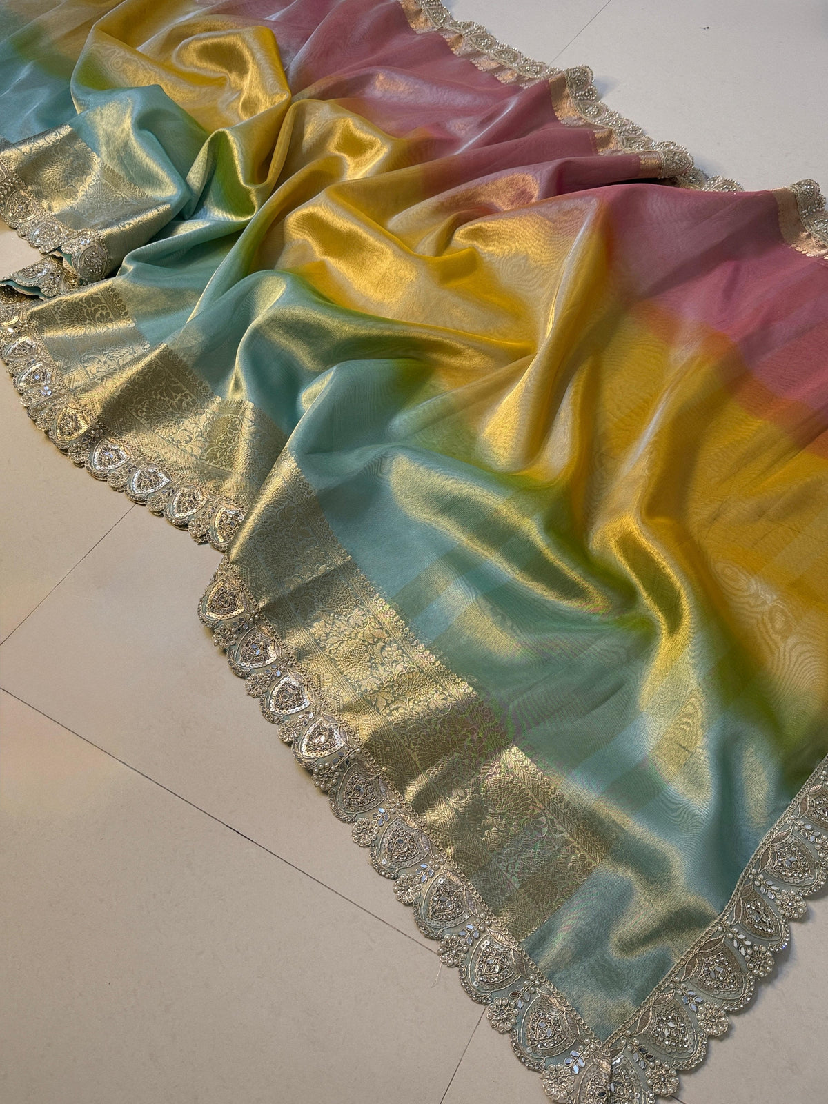 Premium 3D Multi Shade Glass Tissue Saree with Soft Mirror Lace Border