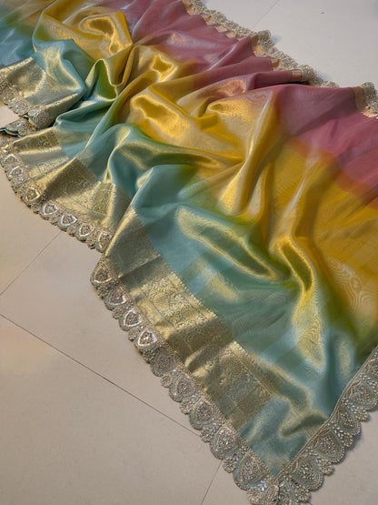 Premium 3D Multi Shade Glass Tissue Saree with Soft Mirror Lace Border